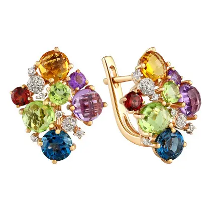 Серьги с аметистом, гранатом, топазом, хризолитом, цитрином и бриллиантами