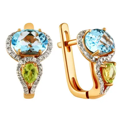 Серьги с топазом, хризолитом и бриллиантами