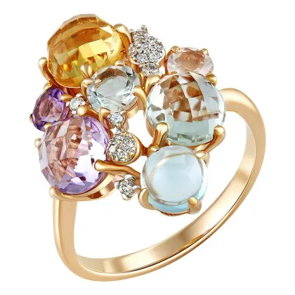 Кольцо с аметистом, зеленым аметистом, розовым кварцем, цитрином, топазом и бриллиантами