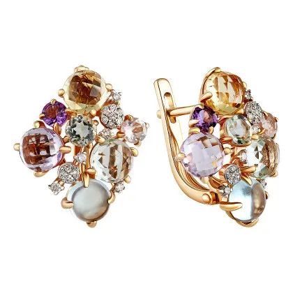 Серьги с аметистом, зеленым аметистом, розовым кварцем, цитрином, топазом и бриллиантами