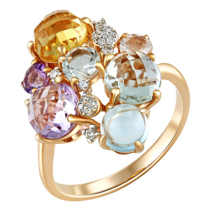 Кольцо с аметистом, зеленым аметистом, розовым кварцем, цитрином, топазом и бриллиантами