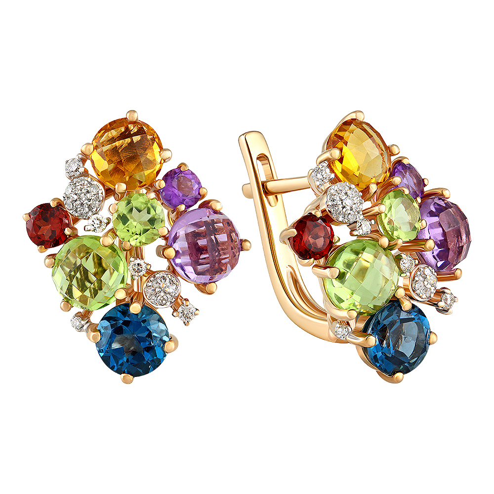 Серьги с аметистом, гранатом, топазом, хризолитом, цитрином и бриллиантами