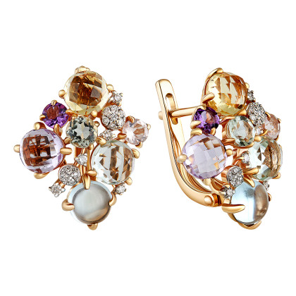 Серьги с аметистом, зеленым аметистом, розовым кварцем, цитрином, топазом и бриллиантами